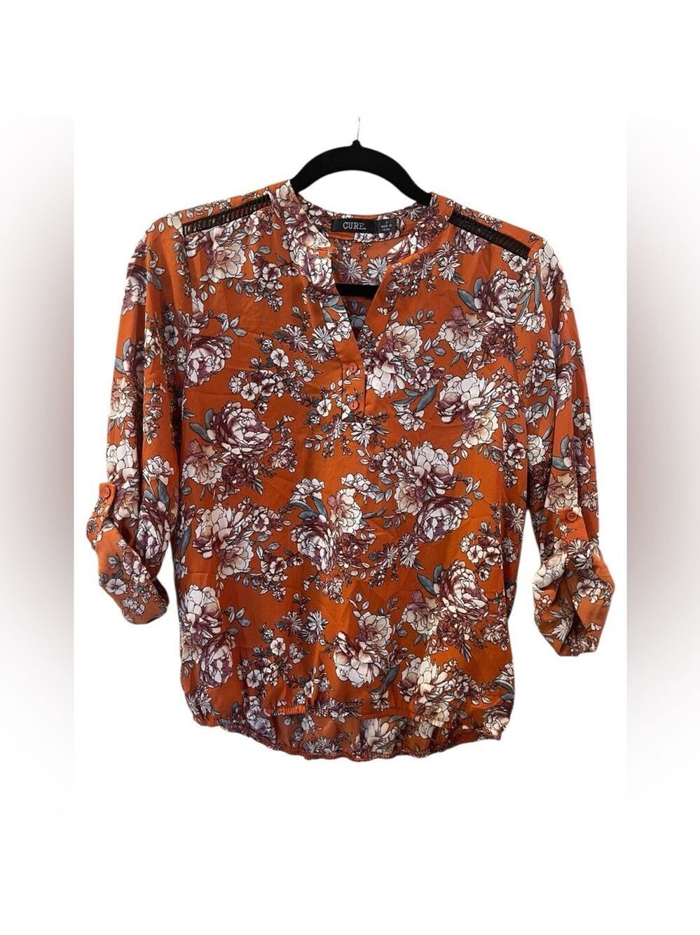 CURE Women’s Floral Orange Roll-Tab V-Neck Pull-On Blouse Top Shirt Size: Small